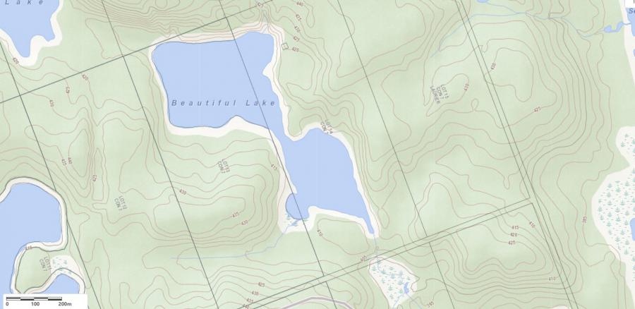 Topographical Map of Beautiful Lake in Municipality of Unorganized and the District of  Parry Sound